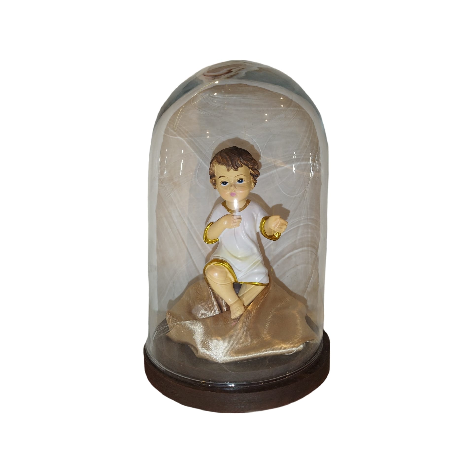 Campana di vetro con base in legno con bambinello Gesù (cod. 2) - 15 cm